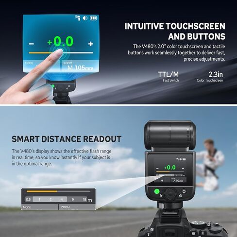 Godox V480-C Flash for Canon, 650 Full-Power TTL Camera Flash Flexible Bounce Head 10-Level Modeling Lamp GN50 1/8000 HSS Mini Flash Smart Distance Readout Speedlight with Touchscreen (V480 Canon) in Saudi Arabia