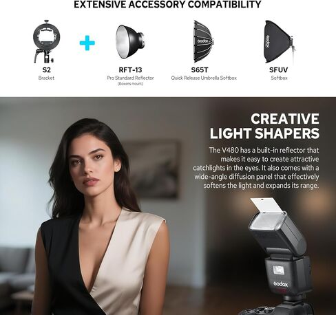 Godox V480-C Flash for Canon, 650 Full-Power TTL Camera Flash Flexible Bounce Head 10-Level Modeling Lamp GN50 1/8000 HSS Mini Flash Smart Distance Readout Speedlight with Touchscreen (V480 Canon) in Saudi Arabia
