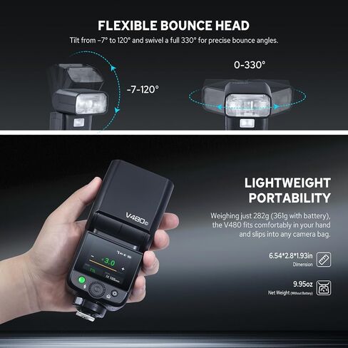 Godox V480-C Flash for Canon, 650 Full-Power TTL Camera Flash Flexible Bounce Head 10-Level Modeling Lamp GN50 1/8000 HSS Mini Flash Smart Distance Readout Speedlight with Touchscreen (V480 Canon) in Saudi Arabia