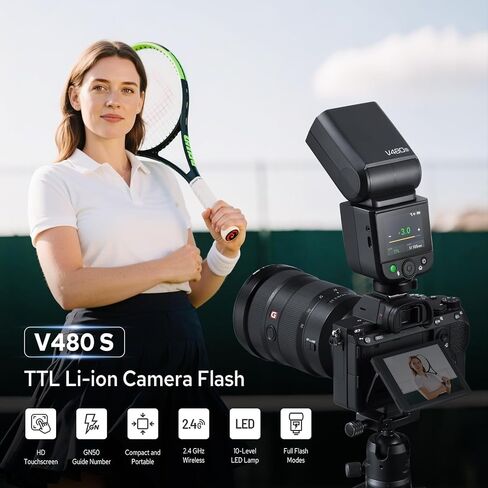Godox V480S V480 لـ Sony ، GN50 1/8000S HSS ، 2.4G Wireless TTL Flash Speedlite ، شاشة تعمل باللمس ، 650 وميض الطاقة الكامل ، وقت إعادة تدوير 1.7S ، مصباح نمذجة LED in Saudi Arabia