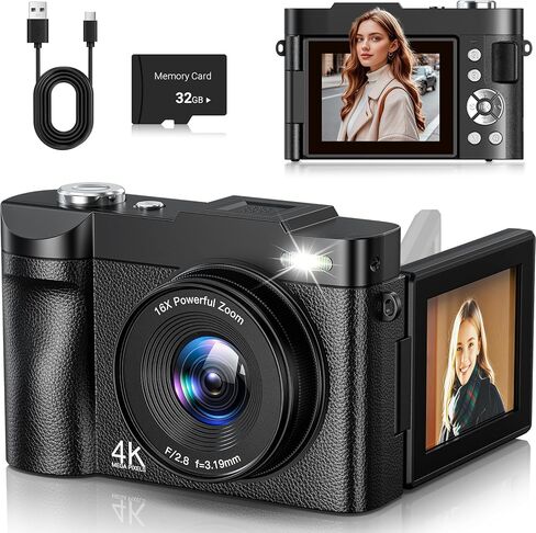 4K Digital Camera 50MP كاميرا تلقائية تلقائية للتكييف من أجل YouTube مع شاشة 2.8 "180 درجة ، وكاميرا التصغير الرقمية 16x مع بطاقة 32 جيجابايت للفتيان المبتدئين in Kuwait