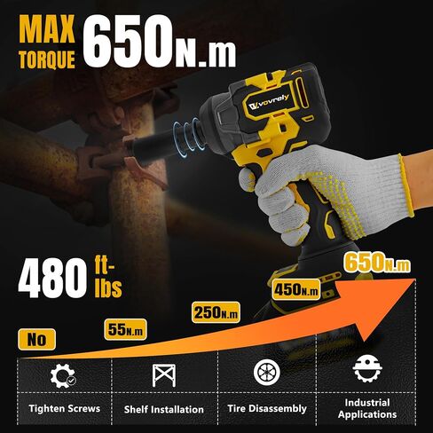 Cordless Impact Wrench 480 Ft-lbs(650N.m) High Torque 1/2 Inch, 3300RPM Brushless Electric Impact Gun, 2 * 4.0Ah Battery 4 Sockets 19 Drill Bits, 3 In 1 Impact Wrench for Car Home DIY in Saudi Arabia
