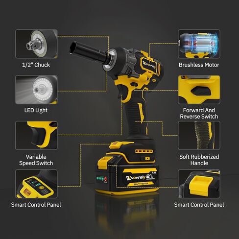 Cordless Impact Wrench 480 Ft-lbs(650N.m) High Torque 1/2 Inch, 3300RPM Brushless Electric Impact Gun, 2 * 4.0Ah Battery 4 Sockets 19 Drill Bits, 3 In 1 Impact Wrench for Car Home DIY in Saudi Arabia