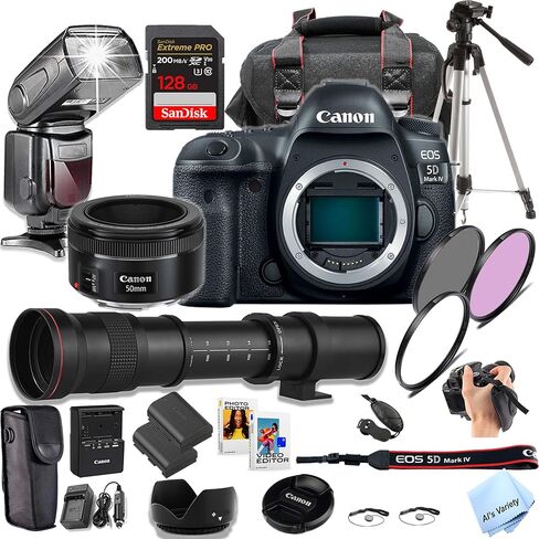 Canon EOS 5D Mark IV DSLR Camera with 50mm STM Prime Lens + 420-800mm Preset Lens + TTL Speed Light Flash + 128GB Extreme Speed Memory, Filters, Case, Tripod + More (Pro Photo Bundle) (Renewed) in Saudi Arabia