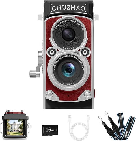 CHUZHAO Vintage Mini Digital Camera, Portable TLR Style Retro Point and Shoot Compact Small Pocket 1080P FHD Video 12MP Autofocus Vlogging Camera with 16 GB Card for Beginners Teens Adults Red in Kuwait