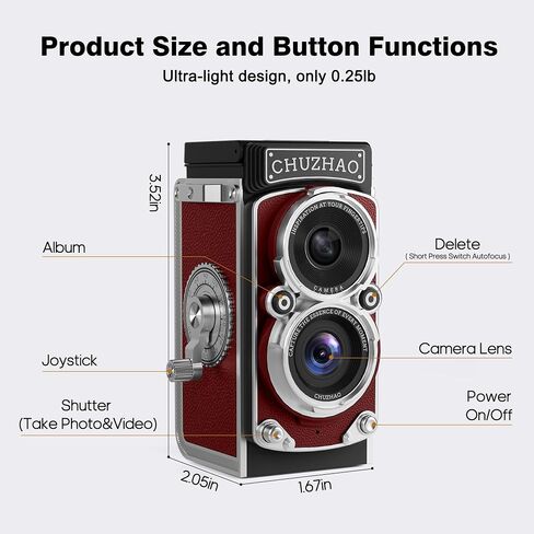 CHUZHAO Vintage Mini Digital Camera, Portable TLR Style Retro Point and Shoot Compact Small Pocket 1080P FHD Video 12MP Autofocus Vlogging Camera with 16 GB Card for Beginners Teens Adults Red in Kuwait