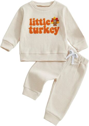 Karuedoo Toddler Baby Boy Thanksgiving Outfit Little Turkey Embroidery Waffle Knit Sweatshirt and Pants Set 2Pc Fall Clothes in Saudi Arabia