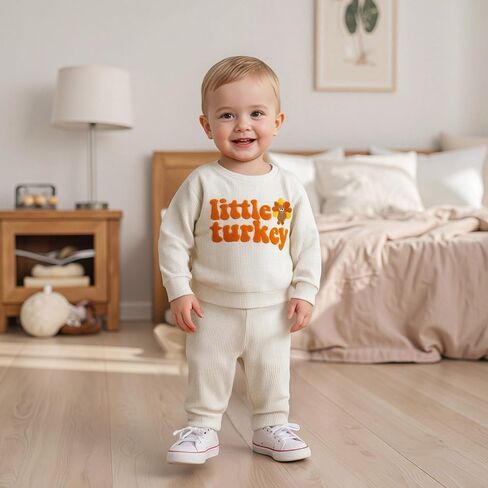 Karuedoo Toddler Baby Boy Thanksgiving Outfit Little Turkey Embroidery Waffle Knit Sweatshirt and Pants Set 2Pc Fall Clothes in Saudi Arabia
