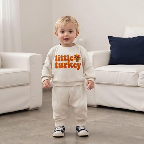 Karuedoo Toddler Baby Boy Thanksgiving Outfit Little Turkey Embroidery Waffle Knit Sweatshirt and Pants Set 2Pc Fall Clothes in Saudi Arabia