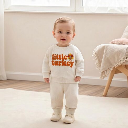 Karuedoo Toddler Baby Boy Thanksgiving Outfit Little Turkey Embroidery Waffle Knit Sweatshirt and Pants Set 2Pc Fall Clothes in Saudi Arabia