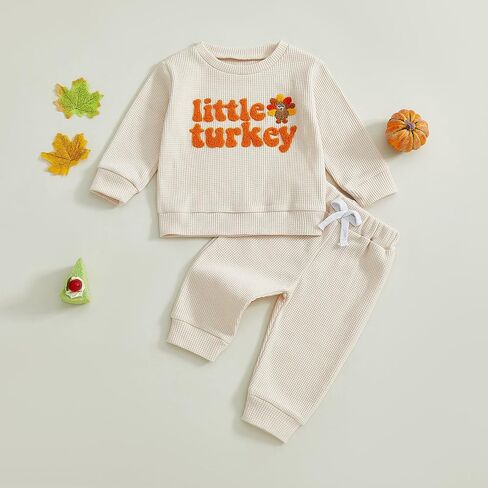 Karuedoo Toddler Baby Boy Thanksgiving Outfit Little Turkey Embroidery Waffle Knit Sweatshirt and Pants Set 2Pc Fall Clothes in Saudi Arabia