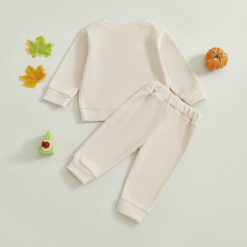 Karuedoo Toddler Baby Boy Thanksgiving Outfit Little Turkey Embroidery Waffle Knit Sweatshirt and Pants Set 2Pc Fall Clothes in Saudi Arabia