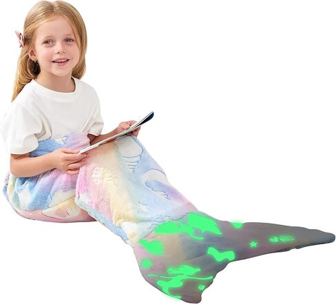 Viviland Kids Mermaid Tail Blanket - Mermaid Tail Blankets Glow in The Dark - Flannel Mermaid Blanket Gifts for Girls - Luminous Unicorn Super Soft Tie Dye Girls - Multicolor Jellyfish 17"×39" in Kuwait