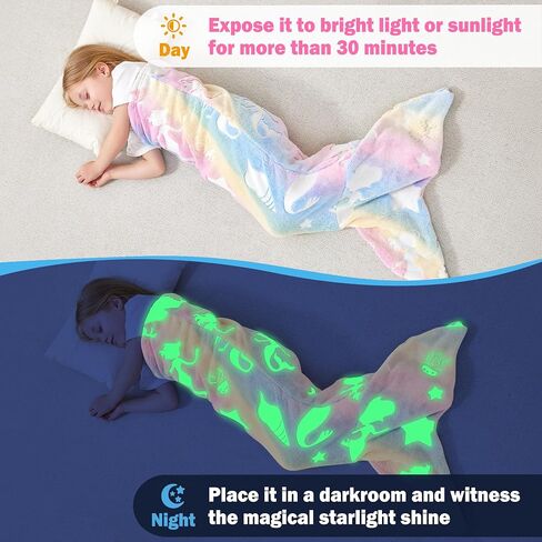 Viviland Kids Mermaid Tail Blanket - Mermaid Tail Blankets Glow in The Dark - Flannel Mermaid Blanket Gifts for Girls - Luminous Unicorn Super Soft Tie Dye Girls - Multicolor Jellyfish 17"×39" in Kuwait
