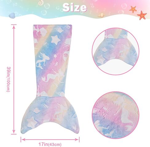 Viviland Kids Mermaid Tail Blanket - Mermaid Tail Blankets Glow in The Dark - Flannel Mermaid Blanket Gifts for Girls - Luminous Unicorn Super Soft Tie Dye Girls - Multicolor Jellyfish 17"×39" in Kuwait