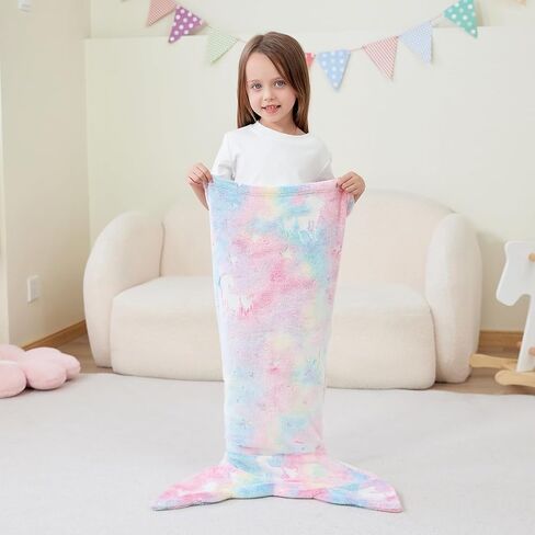 Viviland Kids Mermaid Tail Blanket - Mermaid Tail Blankets Glow in The Dark - Flannel Mermaid Blanket Gifts for Girls - Luminous Unicorn Super Soft Tie Dye Girls - Multicolor Jellyfish 17"×39" in Kuwait