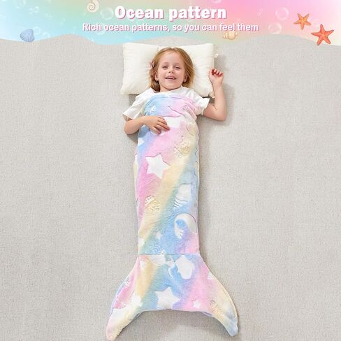 Viviland Kids Mermaid Tail Blanket - Mermaid Tail Blankets Glow in The Dark - Flannel Mermaid Blanket Gifts for Girls - Luminous Unicorn Super Soft Tie Dye Girls - Multicolor Jellyfish 17"×39" in Kuwait