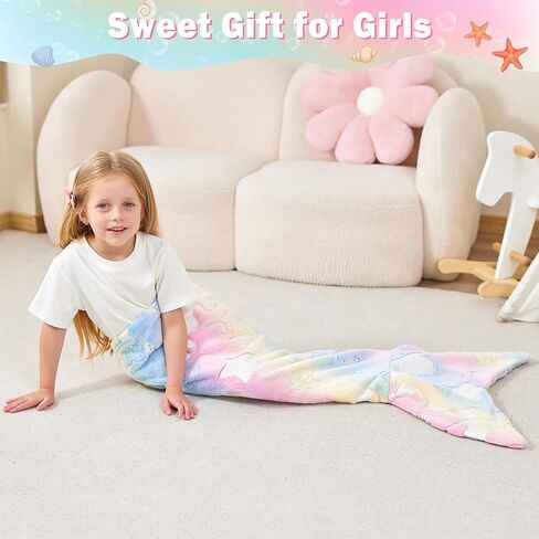 Viviland Kids Mermaid Tail Blanket - Mermaid Tail Blankets Glow in The Dark - Flannel Mermaid Blanket Gifts for Girls - Luminous Unicorn Super Soft Tie Dye Girls - Multicolor Jellyfish 17"×39" in Kuwait
