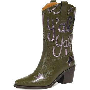Cowboy Boots for Women Mid Calf Cowgirl Boots Pull On | Pointed Toe, Embroidery, Chunky Block Heel, Comfortable Western Boot for Concert Festival and Daily Wear, Fits True To Size in Saudi Arabia