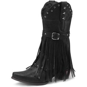 Cowboy Boots for Women Cowgirl with Fringe Star Studded Pointed Toe Chunky Heel Pull-On Western Country Boot in Saudi Arabia