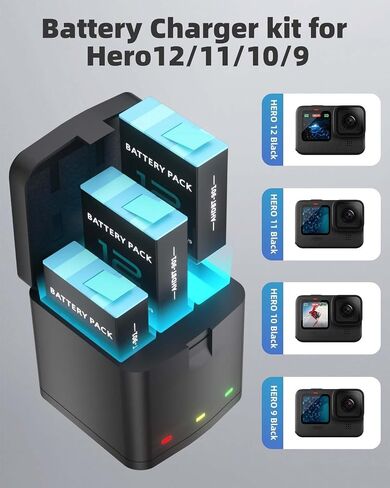 Battery Charger Kit for GoPro Hero 12 11 10 9 Black, 2-Pack 1800mAh Replacement Batteries + Triple Charge Case with Type-C Charging Cord for Go Pro 12 11 10 9 Original Batteries Accessories in Saudi Arabia