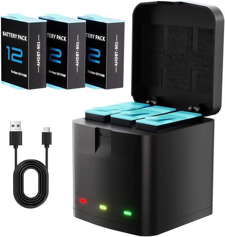 Battery Charger Kit for GoPro Hero 12 11 10 9 Black, 2-Pack 1800mAh Replacement Batteries + Triple Charge Case with Type-C Charging Cord for Go Pro 12 11 10 9 Original Batteries Accessories in Saudi Arabia