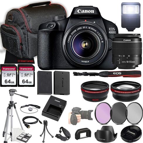 Canon EOS 4000D (Rebel T100) DSLR Camera W/18-55mm F/3.5-5.6 Zoom Lens + 2x 64GB Memory + Case + Filters + Tripod + More (حزمة 35pc) (متجددة) in Saudi Arabia