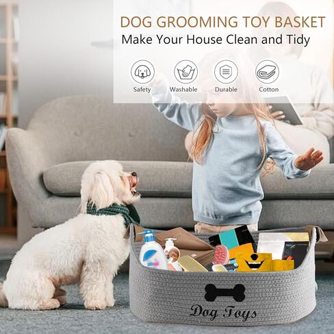 Large Cotton Dog Toy Basket, 16.5"x10.6"x7.5" - Perfect for Organizing Pet Toys, Blankets, Leashes, Coat & More - Beige Gray in Kuwait