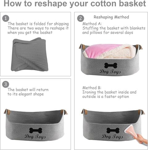 Large Cotton Dog Toy Basket, 16.5"x10.6"x7.5" - Perfect for Organizing Pet Toys, Blankets, Leashes, Coat & More - Beige Gray in Kuwait