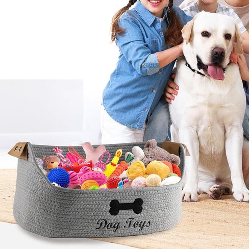 Large Cotton Dog Toy Basket, 16.5"x10.6"x7.5" - Perfect for Organizing Pet Toys, Blankets, Leashes, Coat & More - Beige Gray in Kuwait