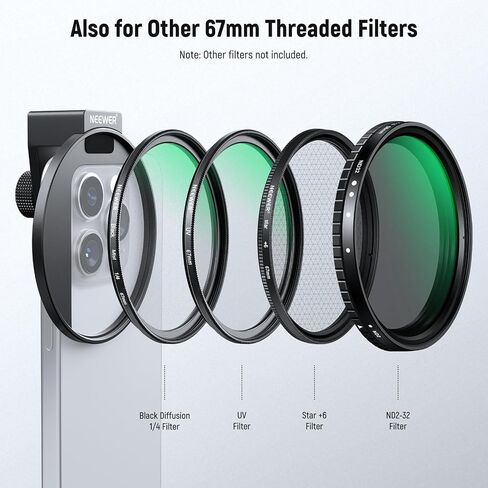 NEEWER Clip On Phone Filter Kit, 67mm Multicoated CPL Filter with Cold Shoe Cell Phone Clamp, Carrying Case & Cleaning Cloth Accessories Compatible with iPhone Samsung Android, FL-79 in Saudi Arabia