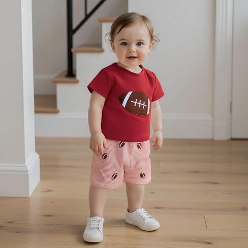 Football Toddler Baby Boy Girl Outfit Embroidery T Shirt and Plaid Shorts Set Kids Game Day Clothes in Saudi Arabia