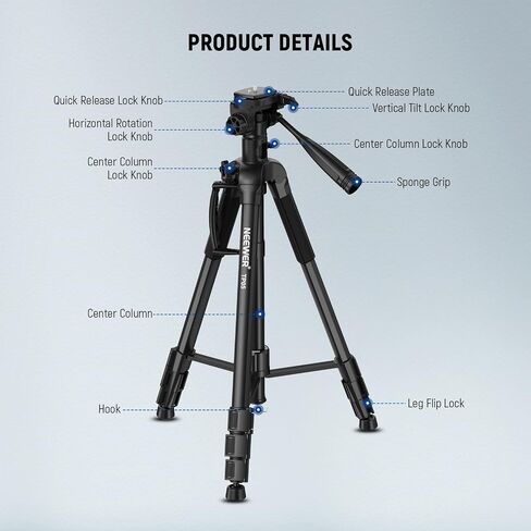 NEEWER Basics TP05 74" Video Tripod Monopod, 3 Way Pan Tilt Head Phone Holder Compatible with iPhone DSLR, Travel Recording Stand, Overhead Camera Mount, Crossbar, 17.6lb Load in Saudi Arabia