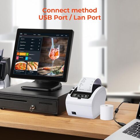طابعة إيصالات MUNBYN، طابعة إيصالات حرارية تعمل مع درج النقود Windows Mac Chromebook Linux، منفذ USB/Ethernet 80 مم لنقاط البيع، حامل جداري عالي السرعة، ESC/POS، ITPP047 in Kuwait