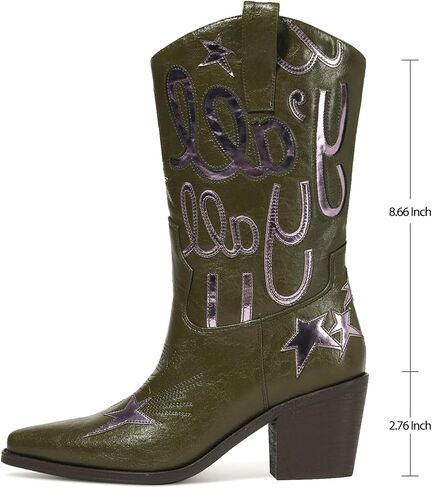 Women's Metallic Embroidery Western Knee High Boots Pointed Toe Chunky Heel Cowboy Boots Comfortable and Stylish Mid Calf Cowgirl Boots in Kuwait