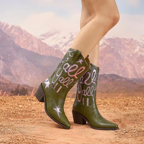 Women's Metallic Embroidery Western Knee High Boots Pointed Toe Chunky Heel Cowboy Boots Comfortable and Stylish Mid Calf Cowgirl Boots in Kuwait