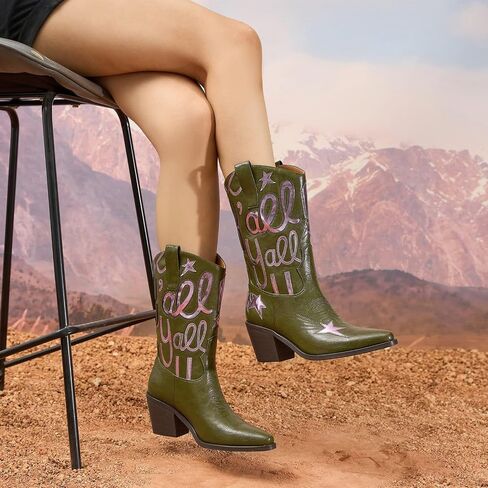 Women's Metallic Embroidery Western Knee High Boots Pointed Toe Chunky Heel Cowboy Boots Comfortable and Stylish Mid Calf Cowgirl Boots in Kuwait
