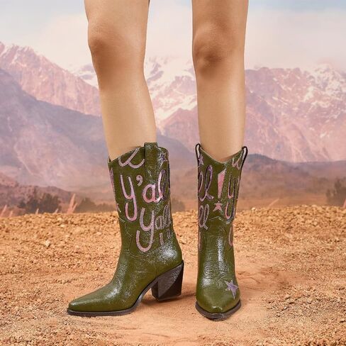 Women's Metallic Embroidery Western Knee High Boots Pointed Toe Chunky Heel Cowboy Boots Comfortable and Stylish Mid Calf Cowgirl Boots in Kuwait