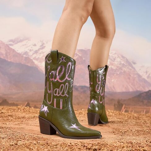 Women's Metallic Embroidery Western Knee High Boots Pointed Toe Chunky Heel Cowboy Boots Comfortable and Stylish Mid Calf Cowgirl Boots in Kuwait