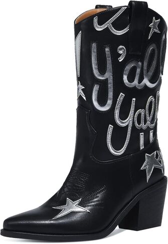 Women's Metallic Embroidery Western Knee High Boots Pointed Toe Chunky Heel Cowboy Boots Comfortable and Stylish Mid Calf Cowgirl Boots in Kuwait