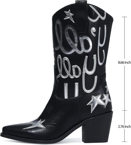 Women's Metallic Embroidery Western Knee High Boots Pointed Toe Chunky Heel Cowboy Boots Comfortable and Stylish Mid Calf Cowgirl Boots in Kuwait