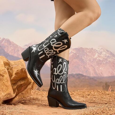 Women's Metallic Embroidery Western Knee High Boots Pointed Toe Chunky Heel Cowboy Boots Comfortable and Stylish Mid Calf Cowgirl Boots in Kuwait