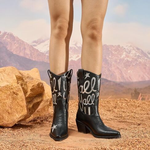 Women's Metallic Embroidery Western Knee High Boots Pointed Toe Chunky Heel Cowboy Boots Comfortable and Stylish Mid Calf Cowgirl Boots in Kuwait