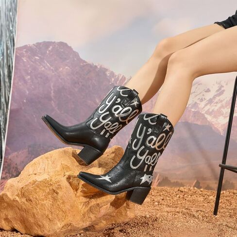 Women's Metallic Embroidery Western Knee High Boots Pointed Toe Chunky Heel Cowboy Boots Comfortable and Stylish Mid Calf Cowgirl Boots in Kuwait