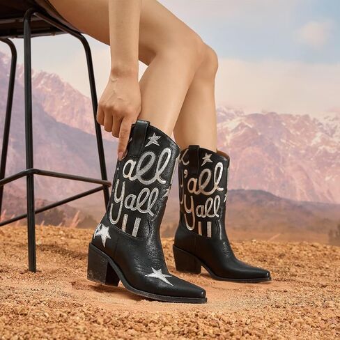 Women's Metallic Embroidery Western Knee High Boots Pointed Toe Chunky Heel Cowboy Boots Comfortable and Stylish Mid Calf Cowgirl Boots in Kuwait