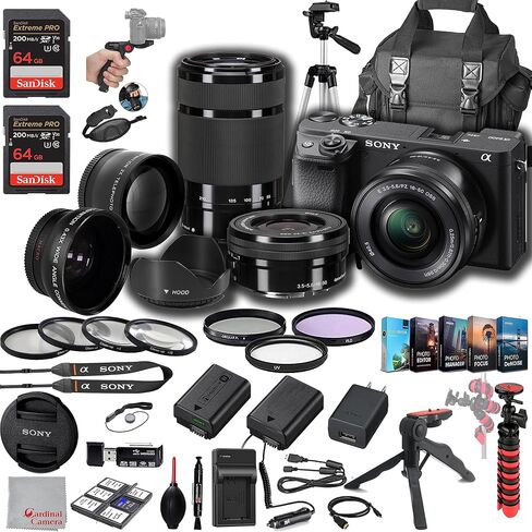 Sony a6400 Mirrorless Camera with 16-50mm + 55-210mm Lenses, 128GB Extreem Memory,.43 Wide Angle & 2X Lenses, Case. Tripod, Filters, Hood, Spare Battery & Charger, Editing Software Kit -Deluxe Bundle in Saudi Arabia