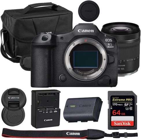 كاميرا Canon EOS R5 Mark II بدون مرآة مع حزمة عدسة 24-105 ملم مع Canon 200es EOS الكتف الكتف + 64 جيجابايت بطاقة ذاكرة PRO PRO in Saudi Arabia