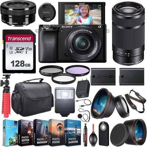كاميرا Sony Alpha A6100 Lirrorless UHD 4K 2 عدسة (ILCE6100Y/B) مع عدسة 16-50 مم و 55-210 مم + بطارية إضافية + فلاش + زاوية واسعة وعدسة تليفوتوغرافية + مرشحات + 128GB U3 V30 ملحق الذاكرة حزمة الذاكرة in Saudi Arabia