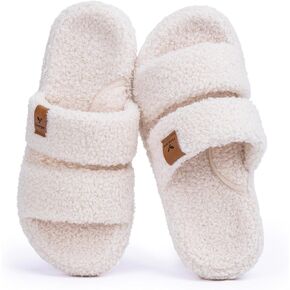 Women's Fuzzy Double Strap House Slippers – Plush Memory Foam Indoor Slides with Arch Support, Non-Slip Sole & Soft Comfort Fit in Kuwait