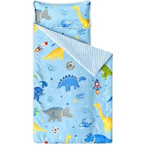 Wake In Cloud - Toddler Nap Mat with Pillow and Minky Fleece Blanket, for Kids Boys in Daycare Preschool Kindergarten, Roll Up Sleeping Bag, Dinosaur Astronauts Rocket Space in Kuwait